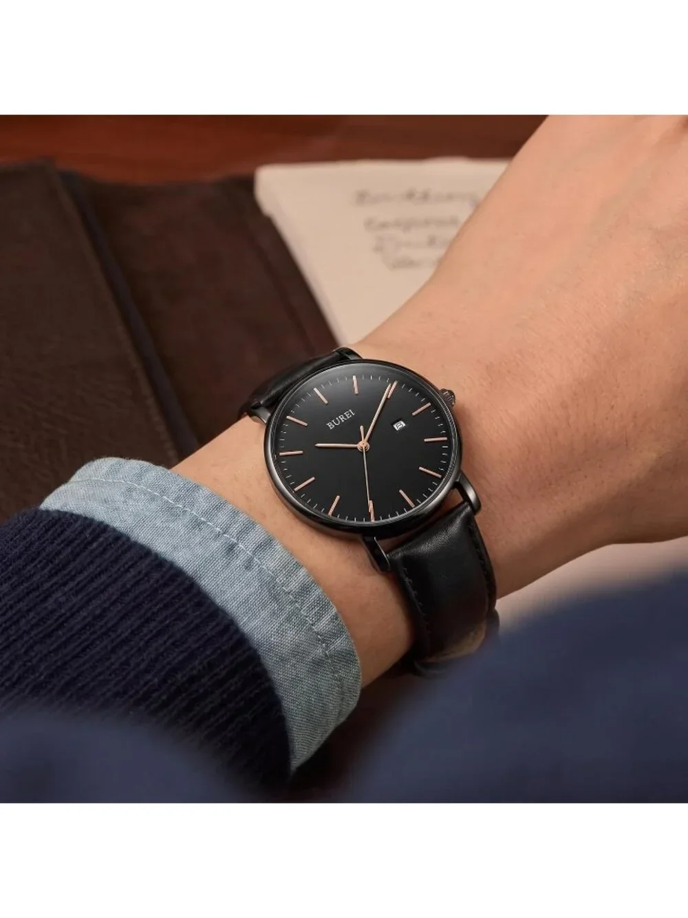 Men's Black Gold Ultra Thin Minimalist Analog Waterproof  Classic Wrist Watch